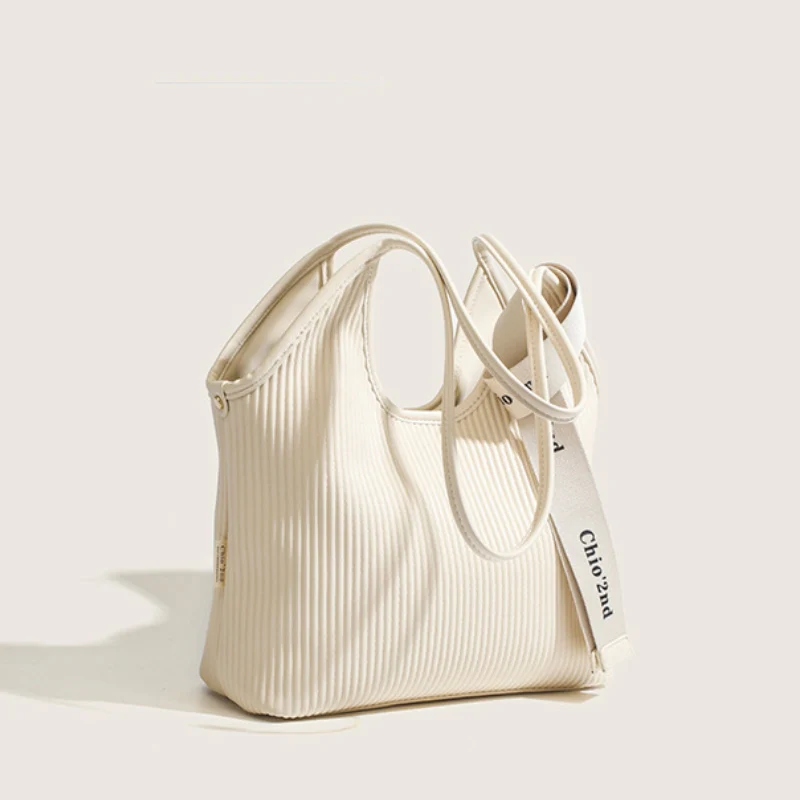 Chic Ribbed Shoulder Bag with Logo Ribbon - Image 2