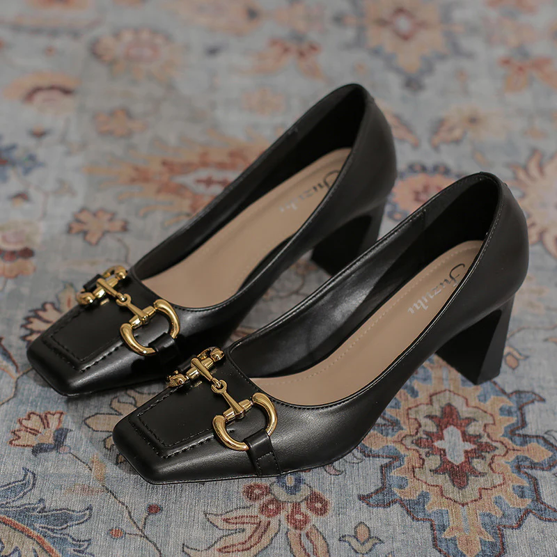French Retro Square Toe Chunky Heel Pumps - Image 5