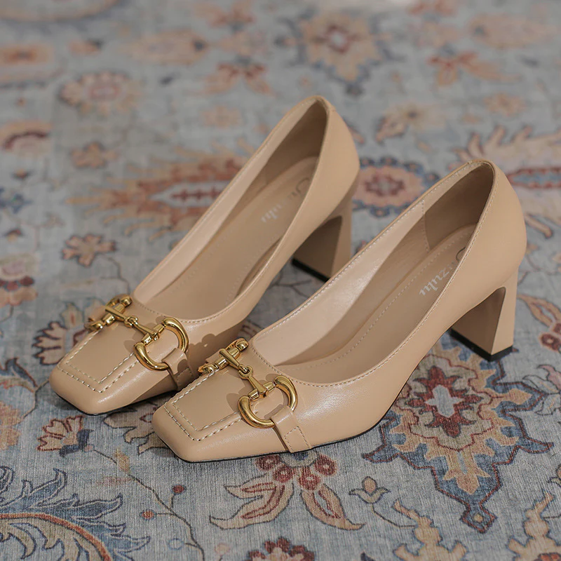 French Retro Square Toe Chunky Heel Pumps - Image 6