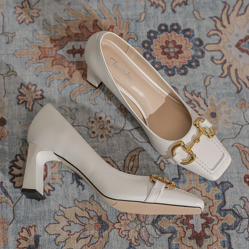 French Retro Square Toe Chunky Heel Pumps - Image 7