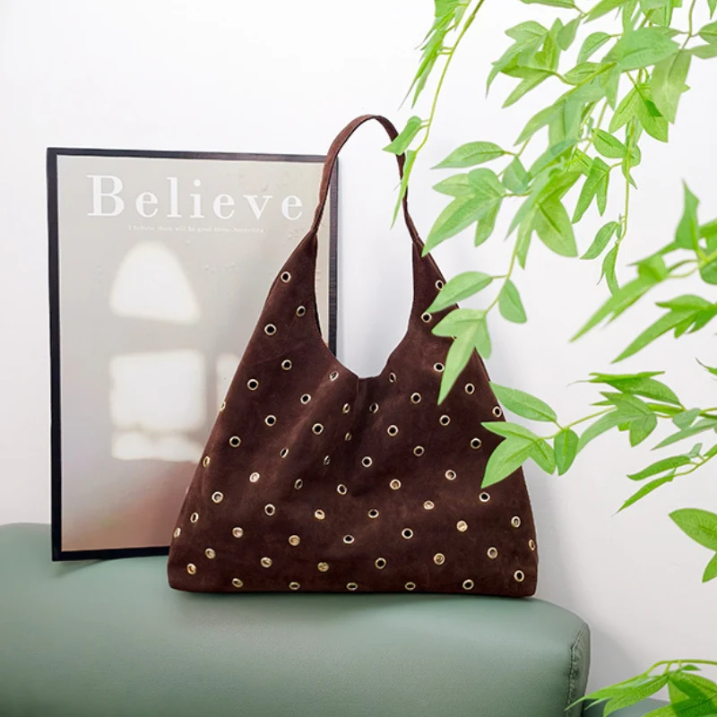 Grommet Adorned Suede Origami Shoulder Bag - Image 3
