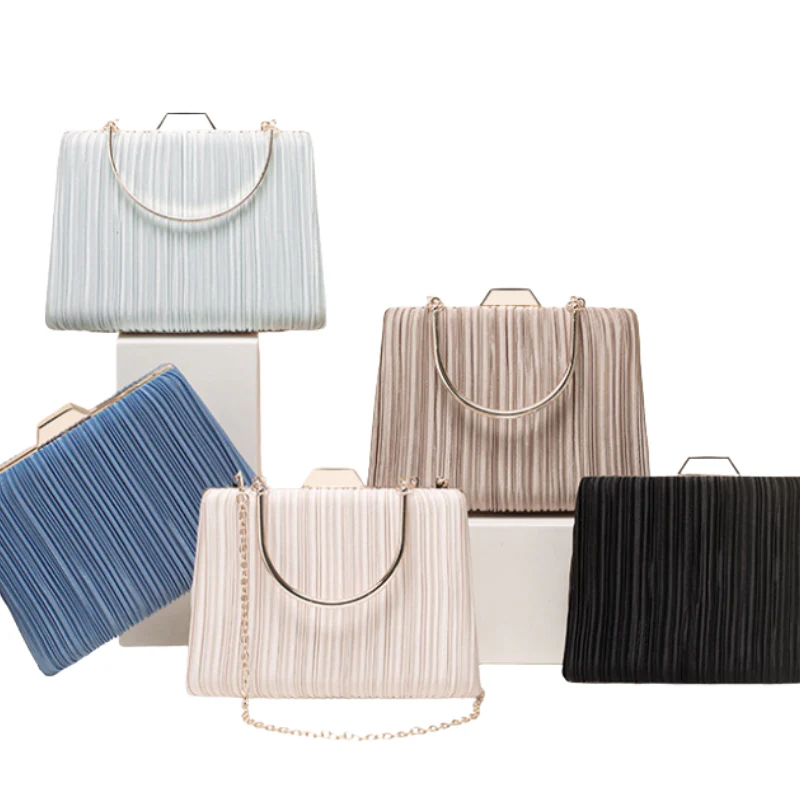 Pleated Hard Case Evening Clutch with Chain Strap - Image 4