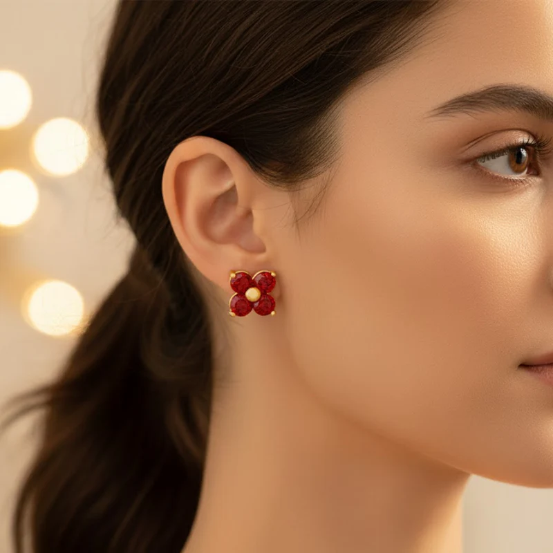 Red Four-Leaf Flower Earrings - Image 4