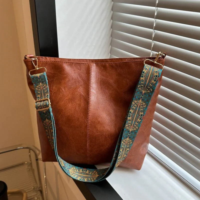 Women's Textured Leather Shoulder Bag with Patterned Strap - Image 2