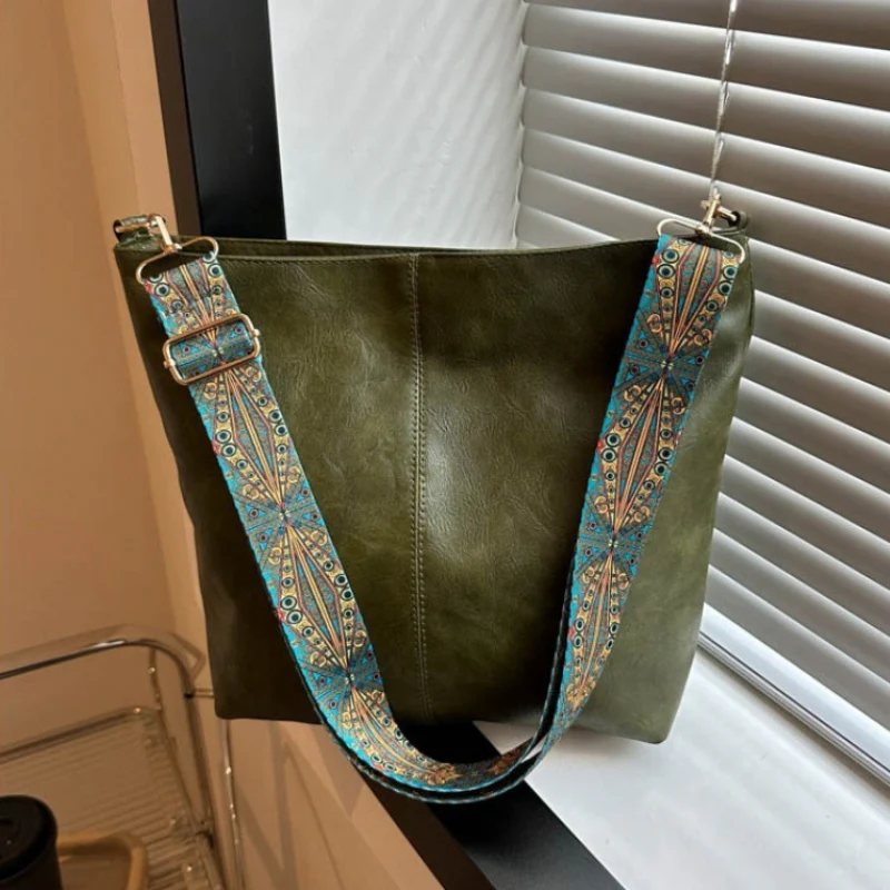 Women's Textured Leather Shoulder Bag with Patterned Strap - Image 6