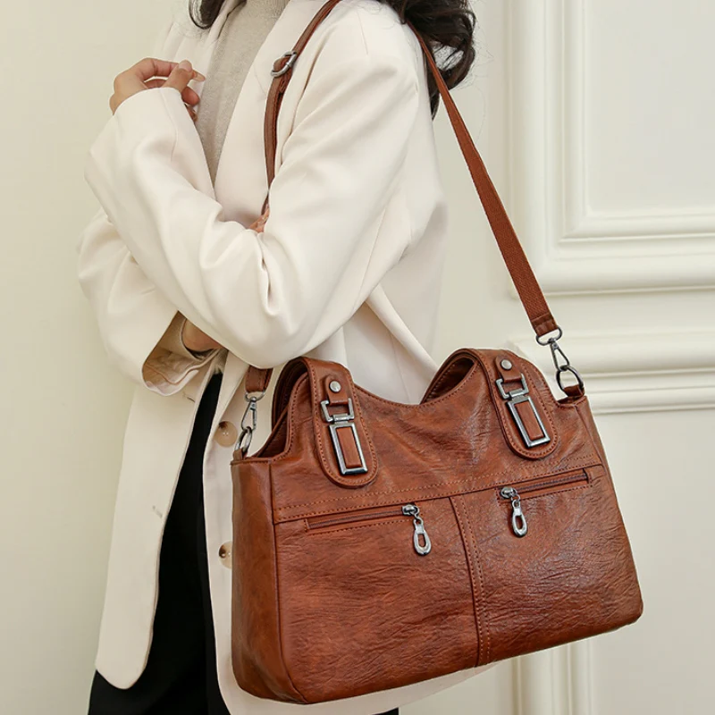 Women's Versatile Textured Multi Zip Shoulder Bag - Image 4